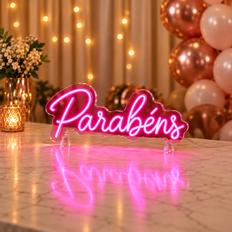 Neon LED rosa Parabéns sobre acrílico cristal