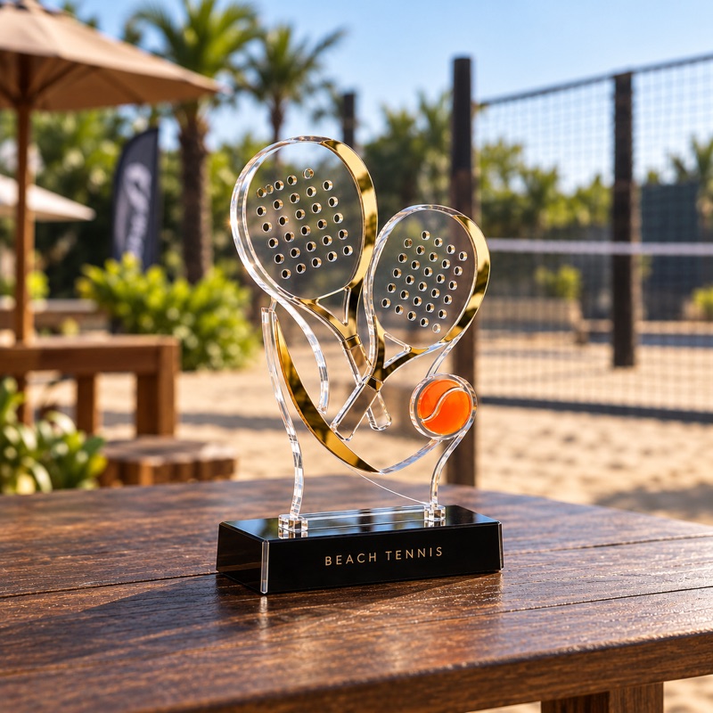 Troféu de beach tennis em acrílico cristal e espelhado