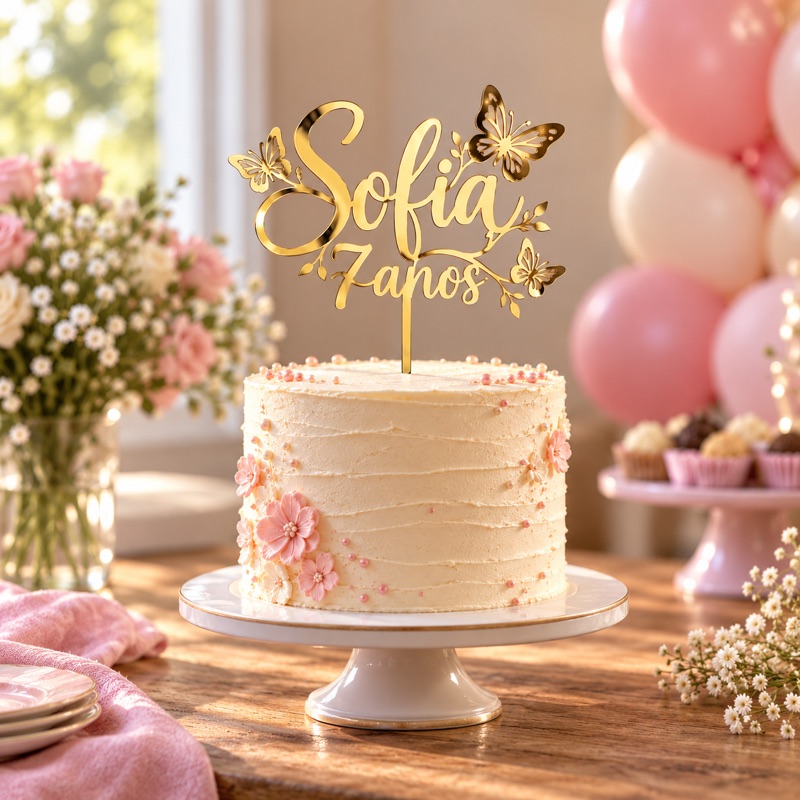 Topo de bolo Sofia 7 anos em acrílico espelhado dourado