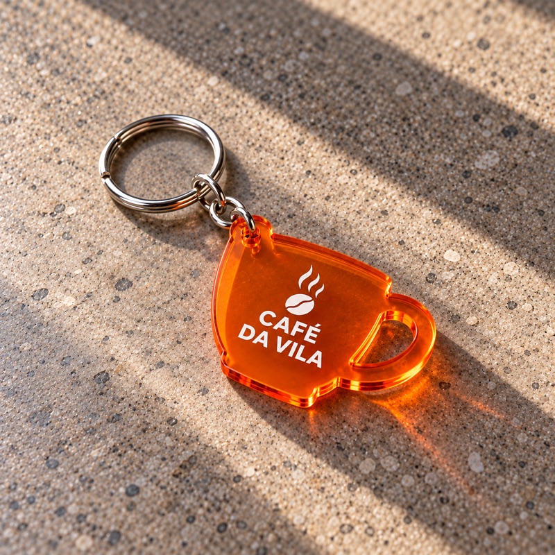 Chaveiro de acrílico laranja com desenho fictício Café da Vila