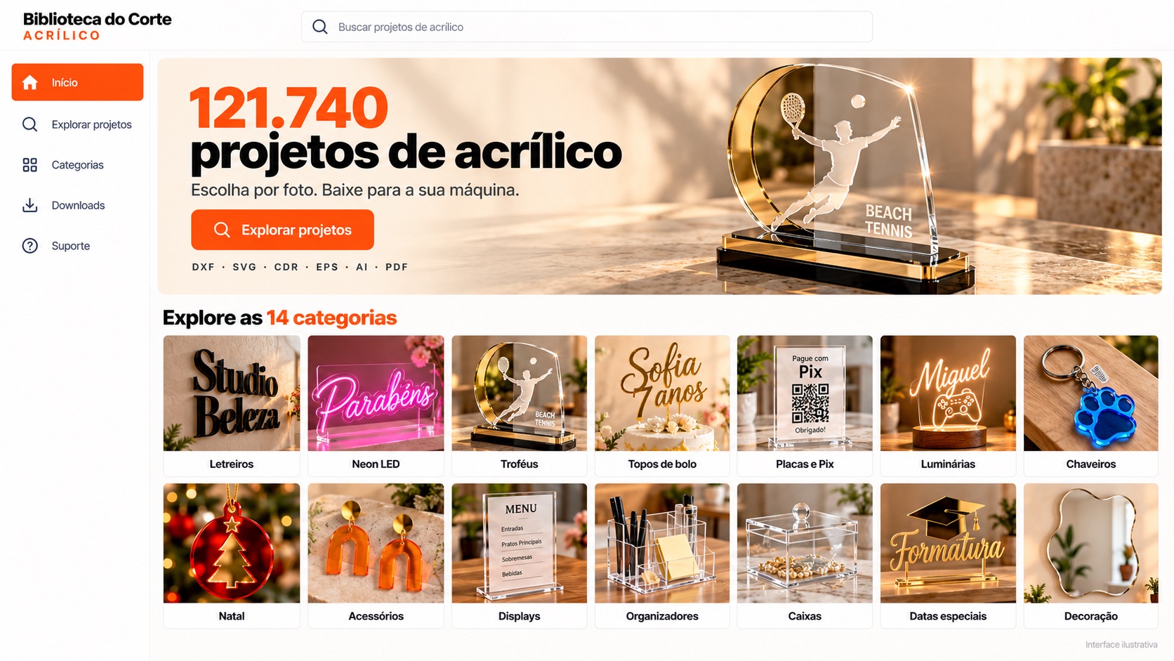 Mockup ilustrativo da biblioteca: 121.740 projetos de acrílico e categorias com foto
