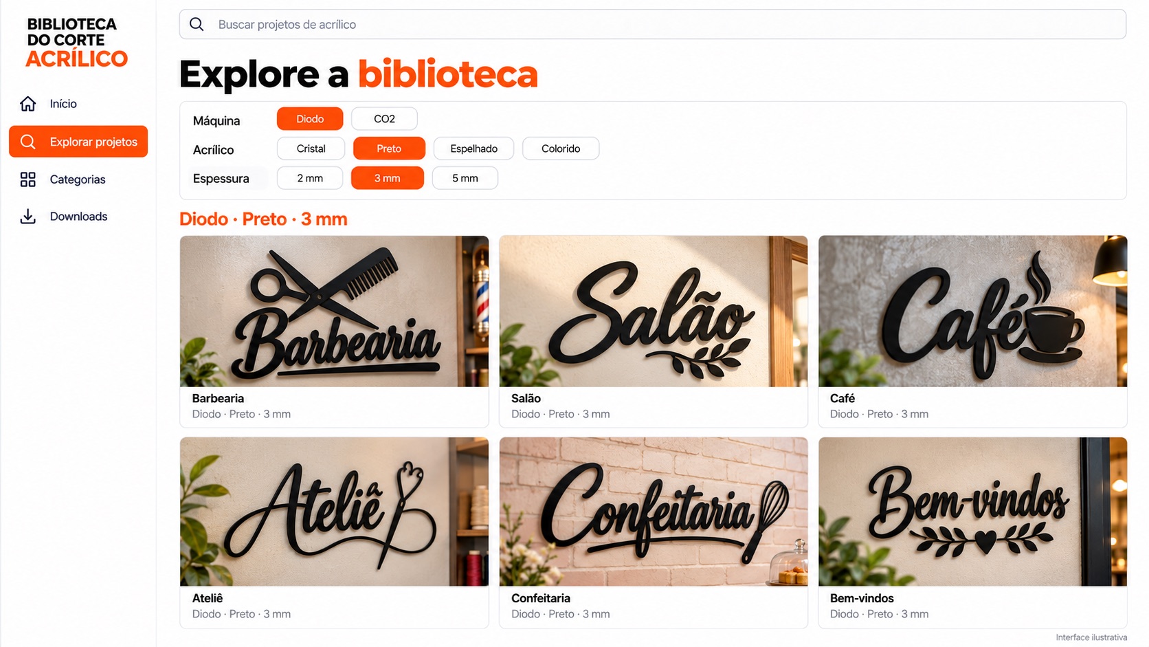 Mockup ilustrativo dos filtros: Diodo, acrílico preto e espessura 3 mm