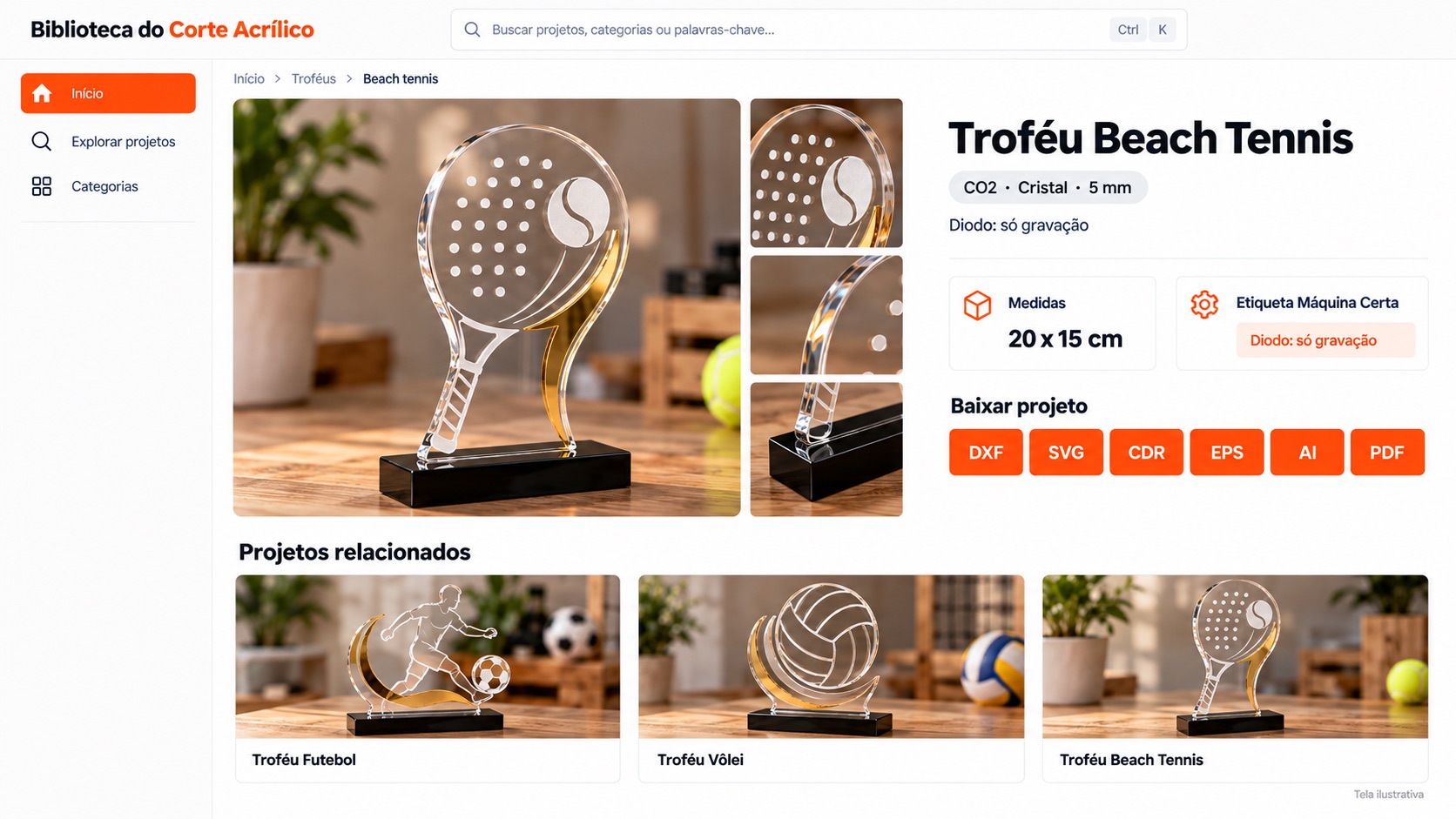 Mockup ilustrativo de troféu de beach tennis, etiquetas de máquina e downloads